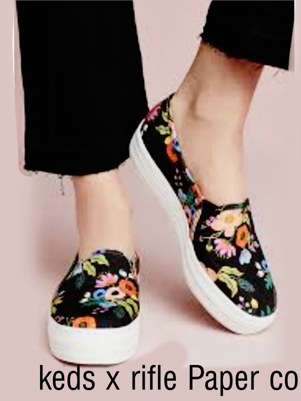 Keds X Rifle Paper Co Black Floral Slip-On Sneakers w/ Vintage Floral Pattern